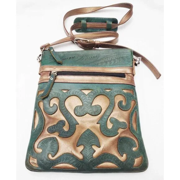 Leaders in Leather Skinny Crossbody Shoulder Bag Tote Cutout Tooled Leather - Picture 9 of 11